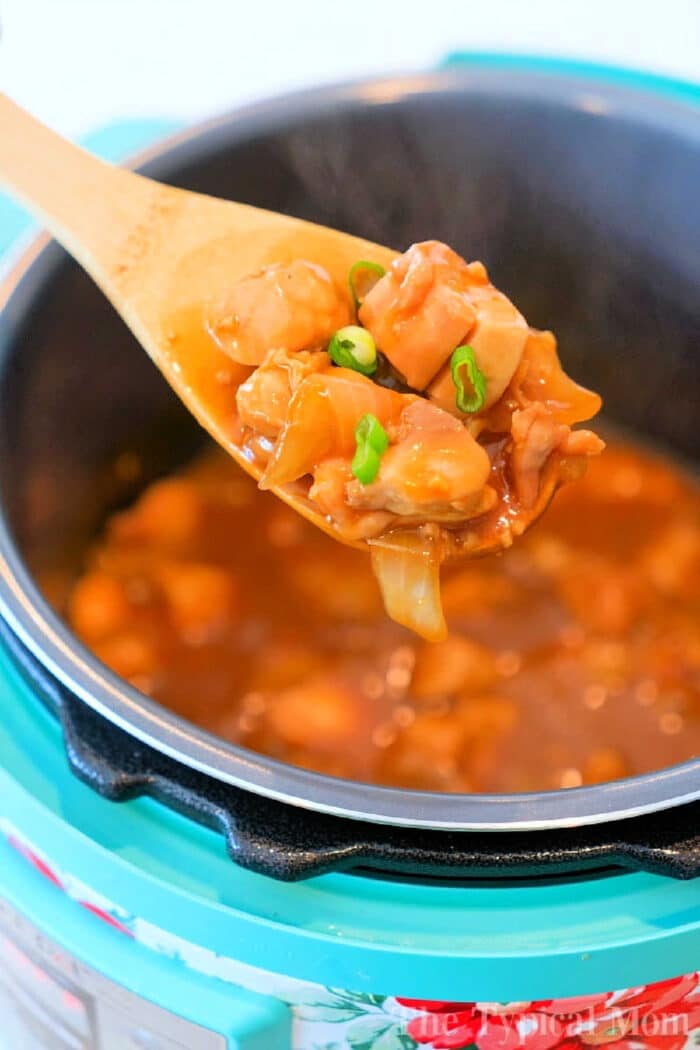 A spoonful of spicy chicken stew with green onions above a blue pot, perfect for warming up with one of those hearty January instant pot recipes.