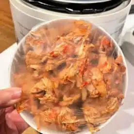 A person holds a plastic-covered bowl filled with seasoned, shredded chicken, perfect for leftover chicken recipes. An Instant Pot can be seen in the background, ready to create delightful dishes from these tender morsels.