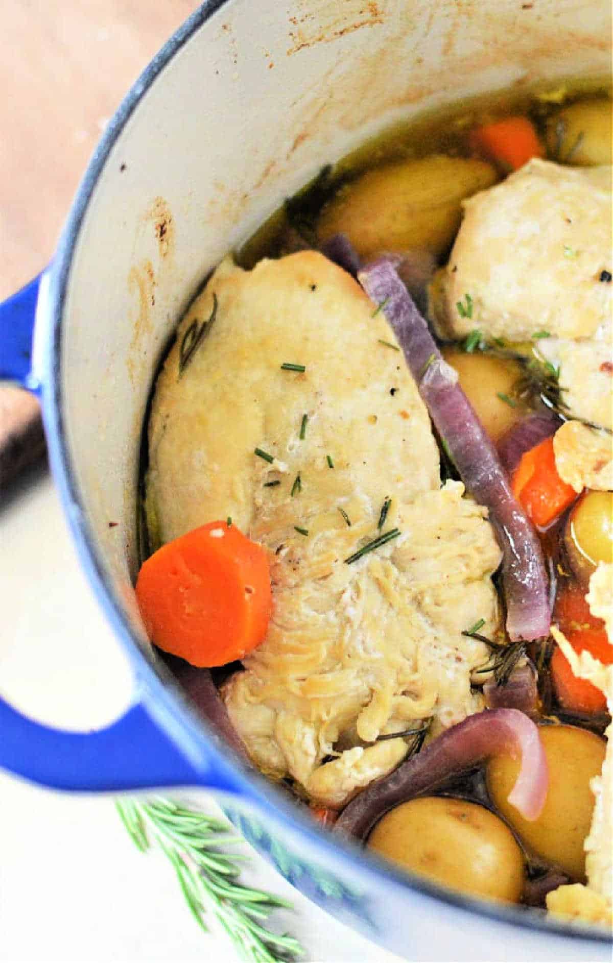 Dutch Oven Chicken Breast with Potatoes and Carrots Vegetables