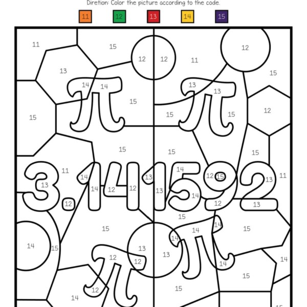 Pi Day coloring sheet with numbers 11-15, featuring pi symbols and the number 3.14. Each section is labeled for color coding, making it perfect for Pi Day activities.