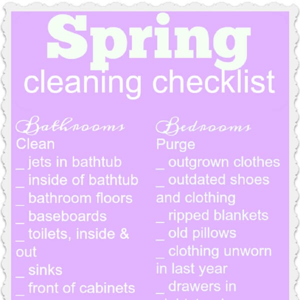 A purple spring cleaning checklist titled Spring Cleaning Checklist details tasks for bathrooms and bedrooms, such as cleaning jets and floors and purging old clothes and blankets.