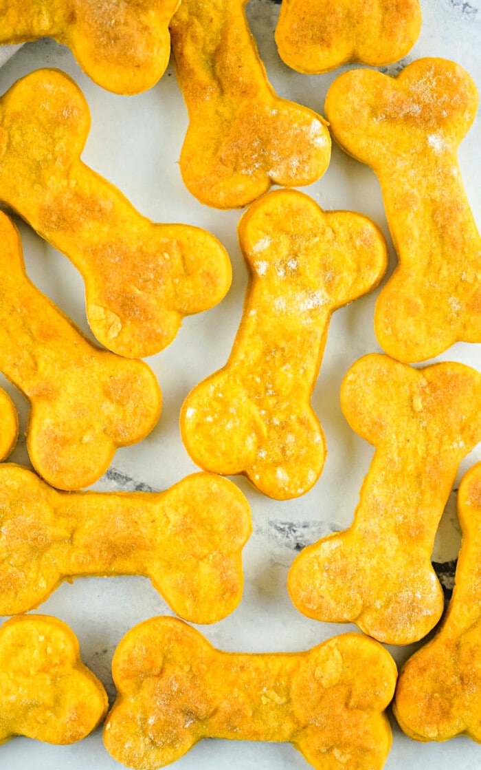 Air fryer dog treats, shaped like bones and delightfully orange, are neatly arranged on a white surface.