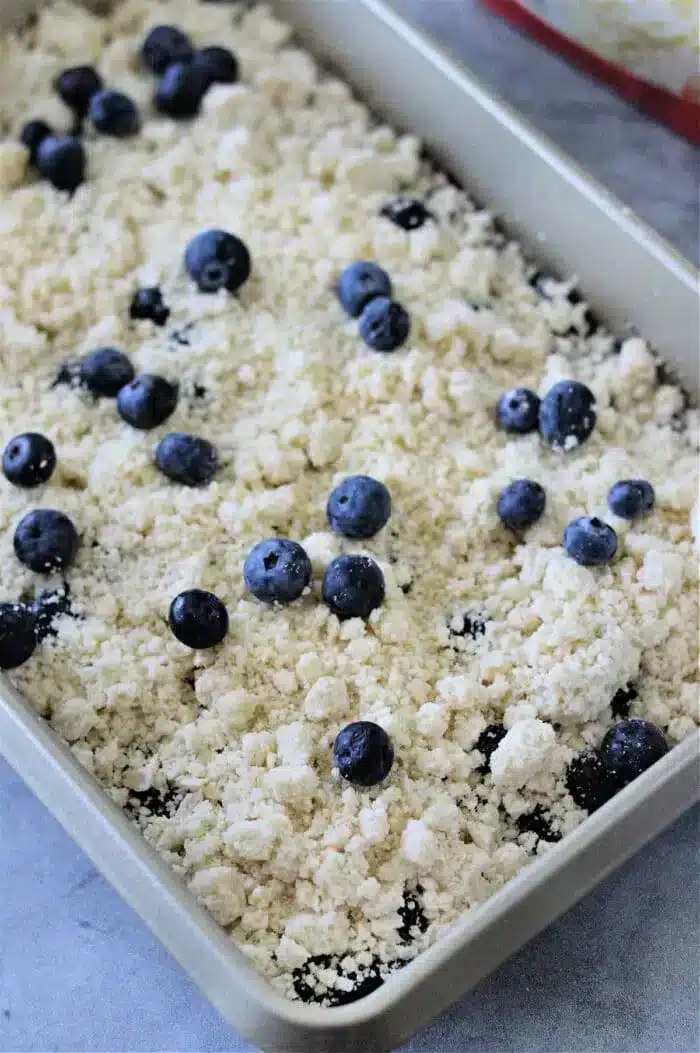 A rectangular baking dish contains an unbaked blueberry cobbler with a crumbly topping scattered with fresh blueberries atop a cake mix. The surface is lightly textured, and the dish sits on a stone-colored surface.