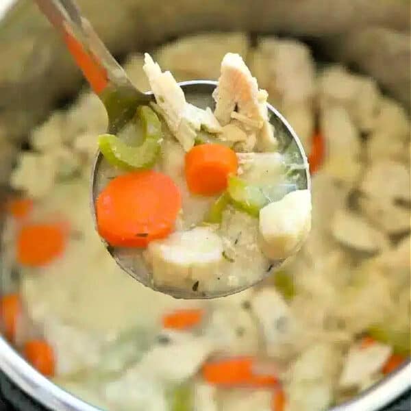 A ladle scoops a hearty serving of chicken soup with carrots and celery from an Instant Pot, reminiscent of a classic chicken and dumplings recipe.