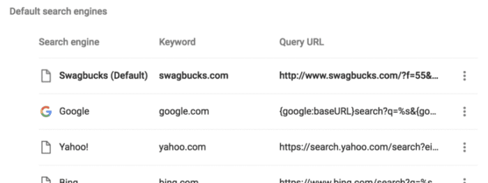 Browser settings display default search engines: Swagbucks, Google, Yahoo!, and Bing with their query URLs, promising efficient searches. Explore ways to earn rewards like free airline tickets while browsing your favorite sites.