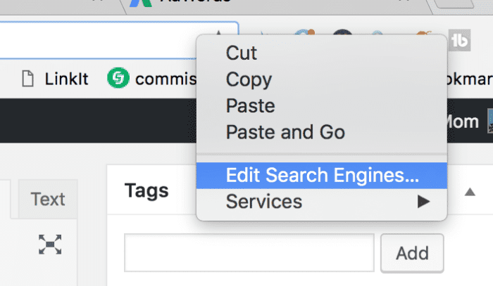 A drop-down menu with options: Cut, Copy, Paste, Paste and Go, Edit Search Engines (highlighted), Services—like unlocking the secret to free airline tickets at your fingertips.