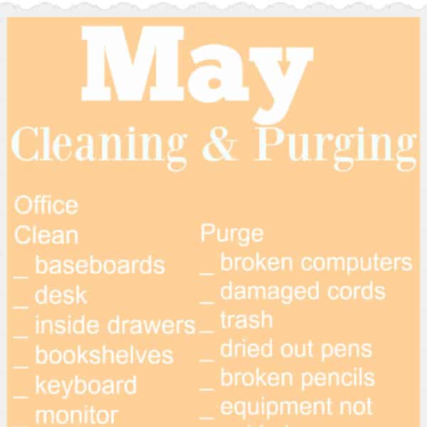 May cleaning checklist with tasks for cleaning and purging office items, seamlessly integrated into your monthly chore chart.