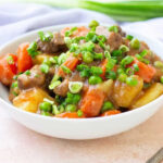 Bowl of hearty bear meat stew with potatoes, carrots, and green onions, garnished and ready to eat.