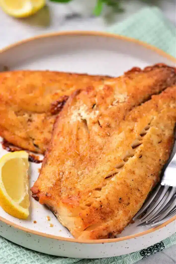 Two pieces of seasoned, grilled fish fillets sit on a round plate with a metal fork nearby. A slice of lemon garnishes the dish, complementing the freshly baked flavor. The plate rests on a green and white checkered cloth, offering an inviting presentation for any seafood lover.