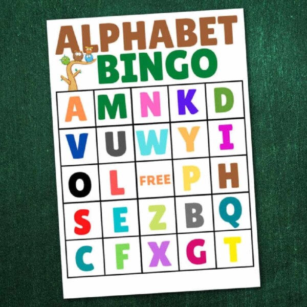 Alphabet bingo card featuring vibrant letters on a green background for an engaging game experience.