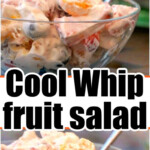 A spoon rests in a vibrant fruit salad with Cool Whip, showcasing a creamy blend of colorful fruits.