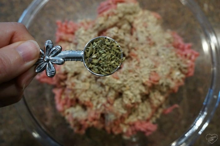 A hand holding a spoon of dried herbs over a bowl of ground meat and oats, perfect for crafting a delicious smoked burgers recipe.