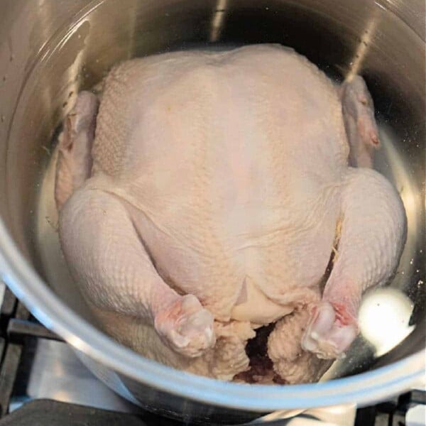 A whole raw chicken is brined in water inside a large metal pot on a stovetop with visible control knobs.