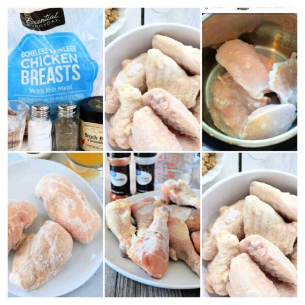 A collage of images demonstrating how to cook frozen chicken breasts in various stages of preparation. The top-left image shows a package of boneless, skinless chicken breasts and a variety of seasonings. Other images depict the frozen chicken in bowls and a pot.