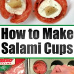 Salami cups filled with cheese and artichoke; step-by-step preparation of these savory salami cups is shown using a muffin tin and foil.