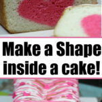 A delightful surprise cake featuring a pink heart shape inside, topped with white and pink icing.