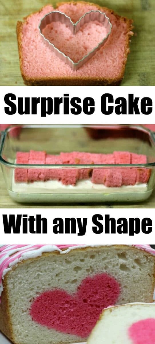 Surprise cake is fun with a hidden shape inside!! Easy video tutorial too showing you how to make one yourself. #surprisecake #cake #shape #heart #surpriseinsidecake Three-step guide showing how to make a surprise inside cake—a loaf cake with a hidden pink heart shape inside.