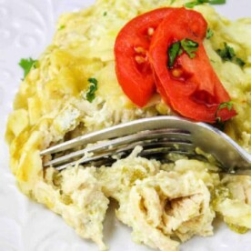 A plate of cheesy slow cooker chicken enchiladas topped with sliced tomatoes and cilantro, with a fork cutting into it.