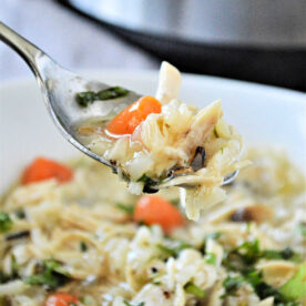 Close-up of a spoonful of chicken soup held above a bowl, showcasing tender pieces of chicken, diced carrots, noodles, and herbs. An Instant Pot is partially visible in the background, hinting at the ease of cooking this delicious chicken rice soup.