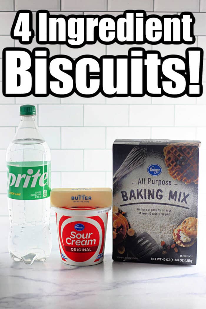 Ingredients for bisquick butter swim biscuits: Sprite, sour cream, butter, and a box of all-purpose baking mix. Perfect for creating 4 Ingredients Basic Biscuits!