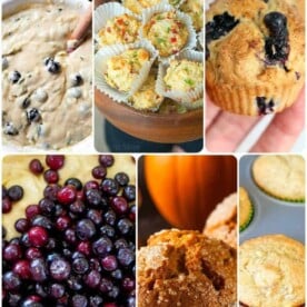 A collage of images showcases the best muffin recipes with blueberry muffin batter, a variety of freshly baked muffins, golden-brown bread loaves, plump fresh blueberries, and perfectly baked muffins nestled in liners.