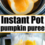 Steamed pumpkin slices in a strainer and pureed pumpkin in a blender for easy pressure cooker pumpkin puree using your Instant Pot.