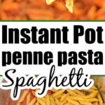A wooden spoon lifts penne pasta with meat sauce, while uncooked instant pot penne pasta sits below in an Instant Pot, ready to cook.