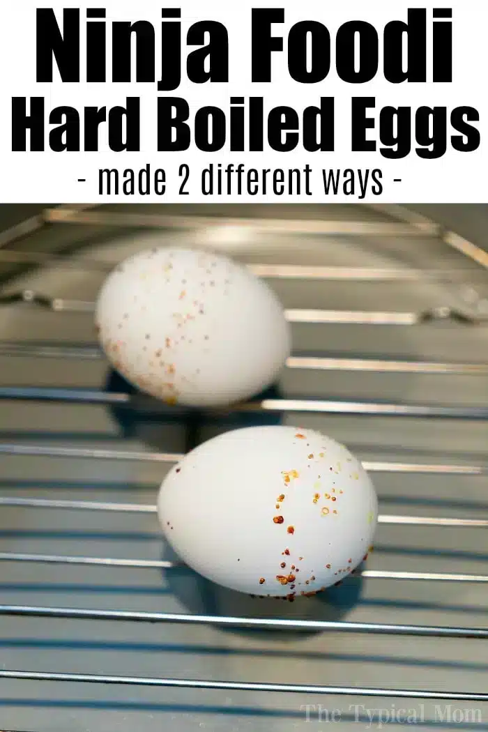 Image showing two hard-boiled eggs on a metal rack. The eggs have some brown specks on their shells. The background is blurred, showcasing the simplicity of air fryer hard boiled eggs for easy cooking.