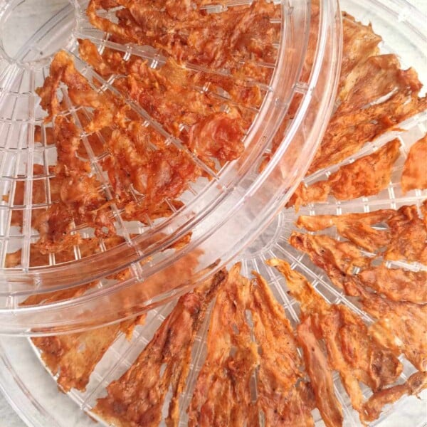 Round trays with chicken jerky slices are evenly arranged for dehydration.