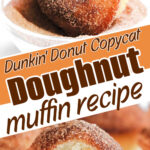 A plate holds a cinnamon sugar donut muffin, while another donut muffin below reveals its soft, fluffy interior. Text overlays the image.