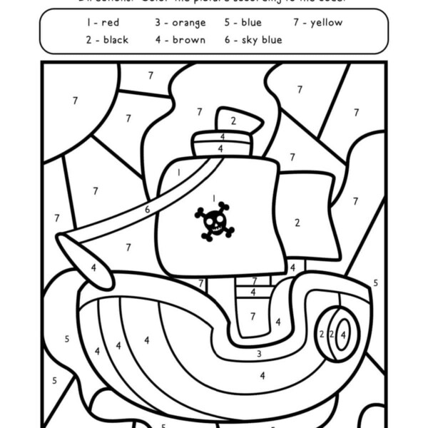 Enjoy this pirate ship coloring page, part of our exciting pirate coloring pages collection, featuring numbered sections and a handy color key for creative fun.