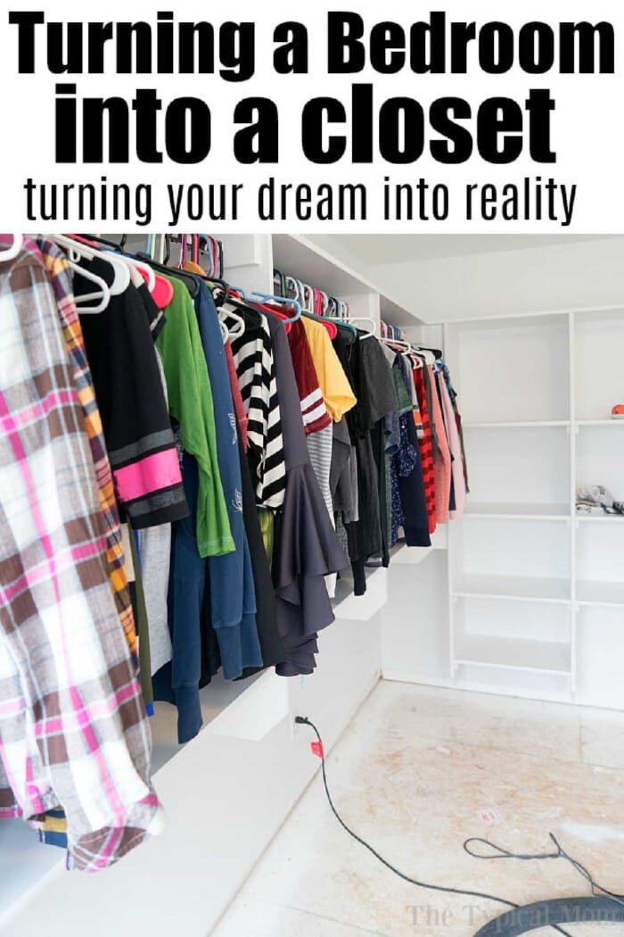 The bedroom has been ingeniously transformed into a closet, with clothes neatly arranged on shelves and hangers.