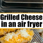 Slices of bread with shredded cheese on top sit in an air fryer basket, ready to make the perfect grilled cheese in air fryer.