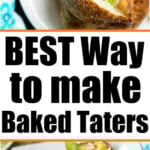 Baked potatoes made the best way, topped with melted cheese and chopped green onions, served on white plates.