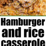 A cheesy hamburger and rice casserole is being served with a wooden spoon, topped with melted cheese for the ultimate comfort food meal.