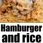 A wooden spoon lifts a hearty serving of hamburger and rice casserole, with gooey, melted shredded cheese nestled below.