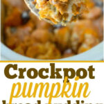 A spoonful and a dish of crockpot bread pudding, perfectly spiced pumpkin flavor, topped with raisins and icing.