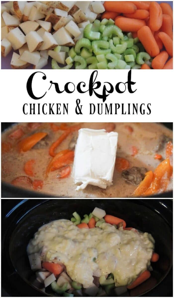 Chopped vegetables and dumpling mix in a crockpot, labeled Slow Cooker Chicken and Dumplings in the center.