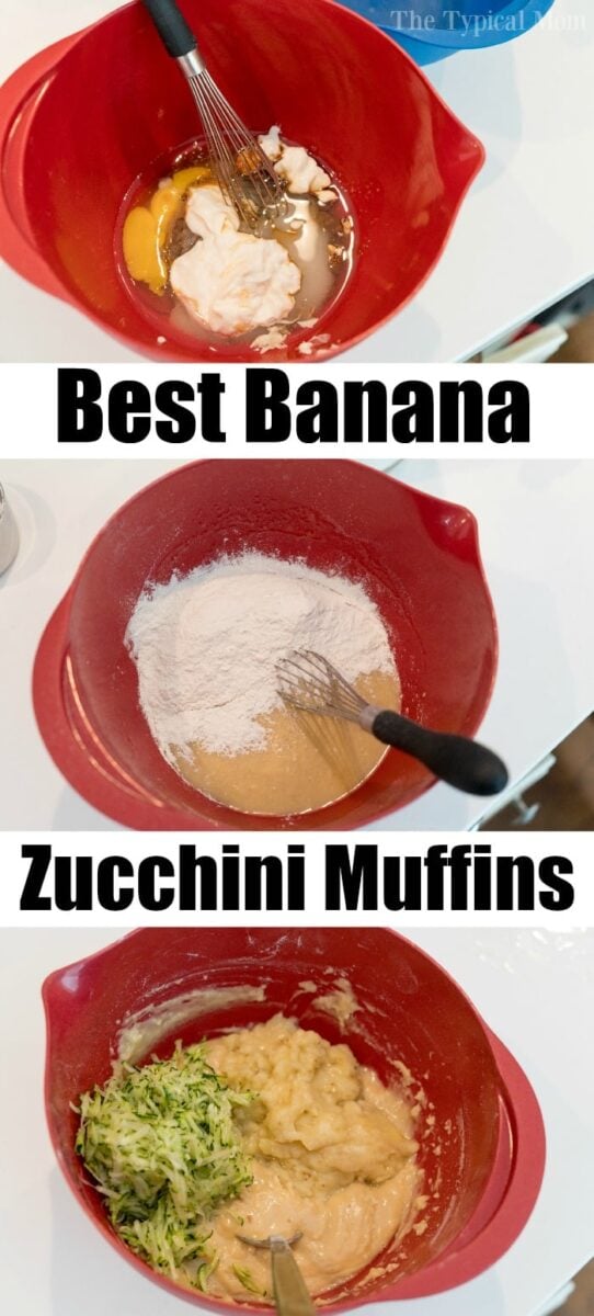 A three-panel image demonstrating steps to make delicious banana zucchini muffins. The first panel shows a red bowl with a whisk, egg, yogurt, and honey. The second panel shows flour added to the mixture. The third panel shows grated zucchini and mashed banana mixed in.
