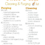 House cleaning checklist for kitchen, bedrooms, office, and garage with categorized tasks for efficient cleaning and purging.