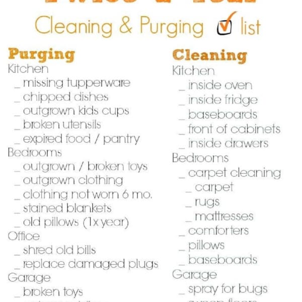 House cleaning checklist for kitchen, bedrooms, office, and garage with categorized tasks for efficient cleaning and purging.