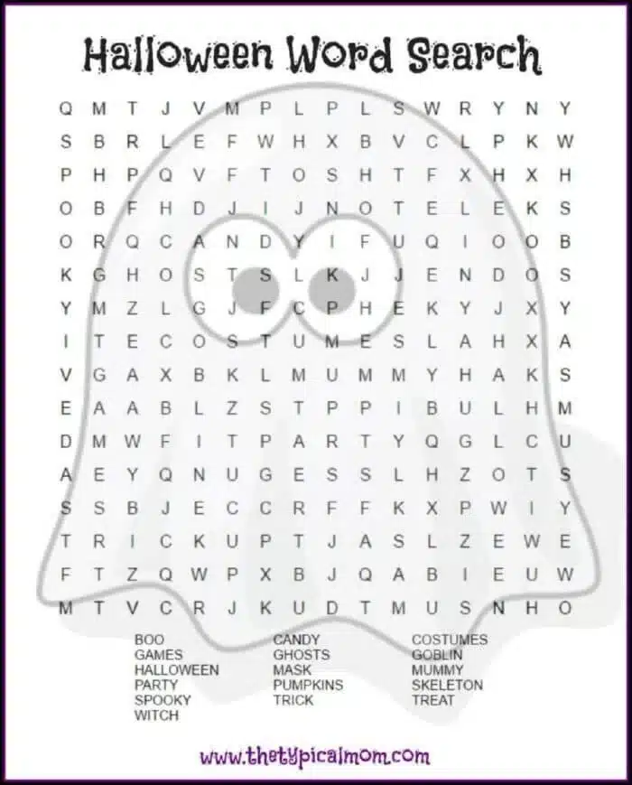 Dive into a Halloween-themed word search puzzle printable, skillfully shaped like a ghost. Discover eerie words like "BOO," "CANDY," and "GHOSTS" as you enjoy this spooky pastime. Perfect for fans of "WITCHES," "PUMPKINS," and all things frightful this season!