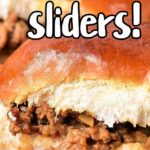 Close-up of a Manwich sloppy joe slider, featuring seasoned ground meat in a bun. The text "Sloppy Joe Sliders!" is prominently displayed at the top of the image.