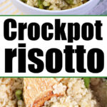 A bowl of creamy Slow Cooker Risotto with asparagus, topped with herbs, and text that reads Crockpot risotto.