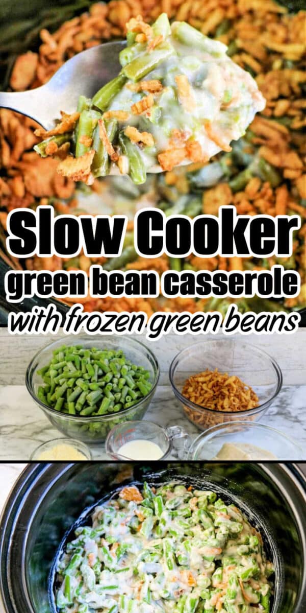 Spoonful of slow cooker green bean casserole above the dish, with prep ingredients and casserole in a slow cooker below.
