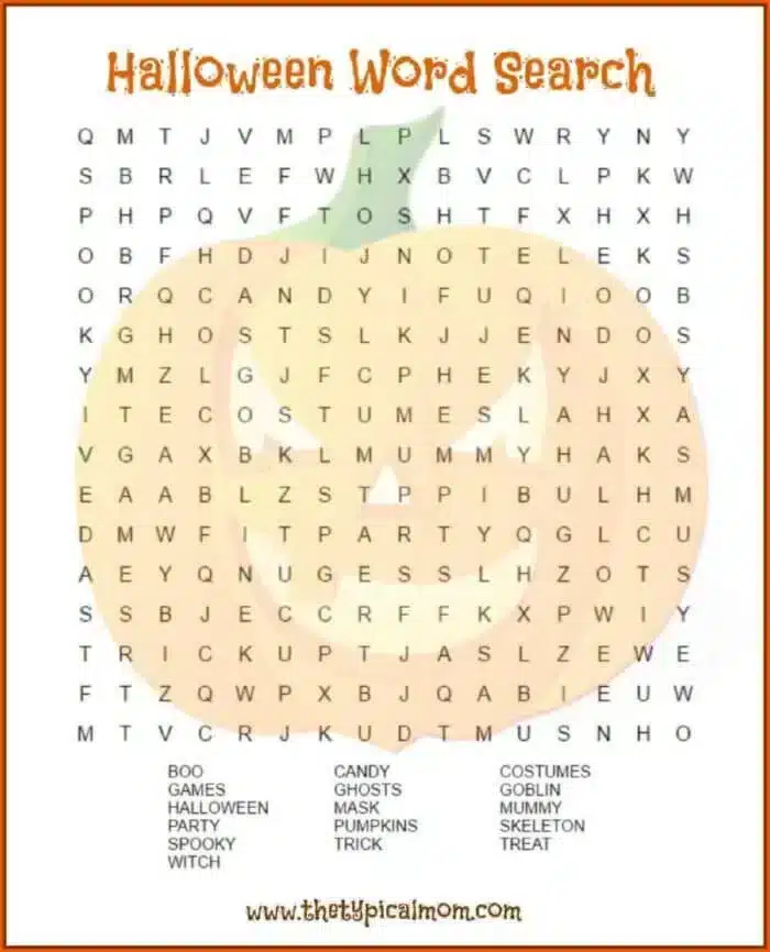 A Halloween-themed word search printable showcases a vibrant pumpkin background. Search for words like "BOO," "CANDY," "GHOSTS," and "WITCH" listed at the bottom of the grid to add some festive fun to your spooky celebrations.