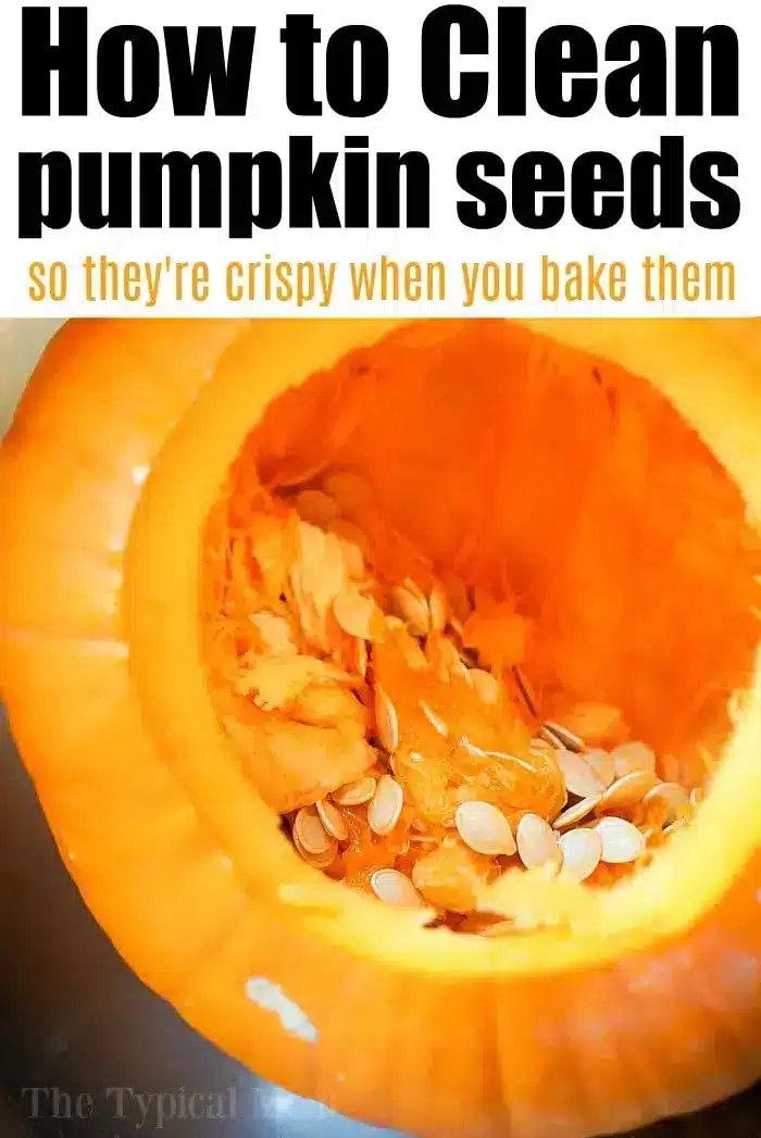 Close-up image of the inside of a carved pumpkin. The text at the top reads, "How to Clean pumpkin seeds so they're crispy when you bake them or use an air fryer." The pumpkin's interior shows seeds and pulp, ready to be cleaned.