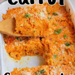 A dish of Carrot Casserole is shown with a wooden spoon lifting a portion from the baking tray. The casserole, topped with parsley and grated cheese, looks mouthwatering. The text "Carrot Casserole" is elegantly displayed at the top and bottom of the image.