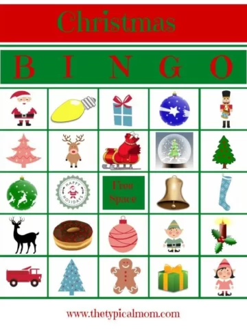 A Christmas-themed bingo card with a 5x5 grid containing images such as Santa, a light bulb, gift, ornament, toy soldier, reindeer, sleigh, snow globe, bell, candle, truck, tree, gingerbread man and various other festive icons. This fun and festive christmas bingo printable is perfect for the holidays!