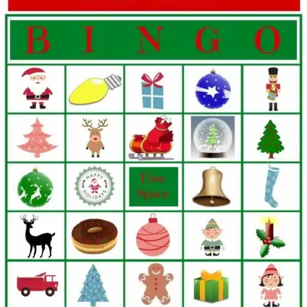 A Christmas-themed bingo card with a 5x5 grid containing images such as Santa, a light bulb, gift, ornament, toy soldier, reindeer, sleigh, snow globe, bell, candle, truck, tree, gingerbread man and various other festive icons. This fun and festive christmas bingo printable is perfect for the holidays!